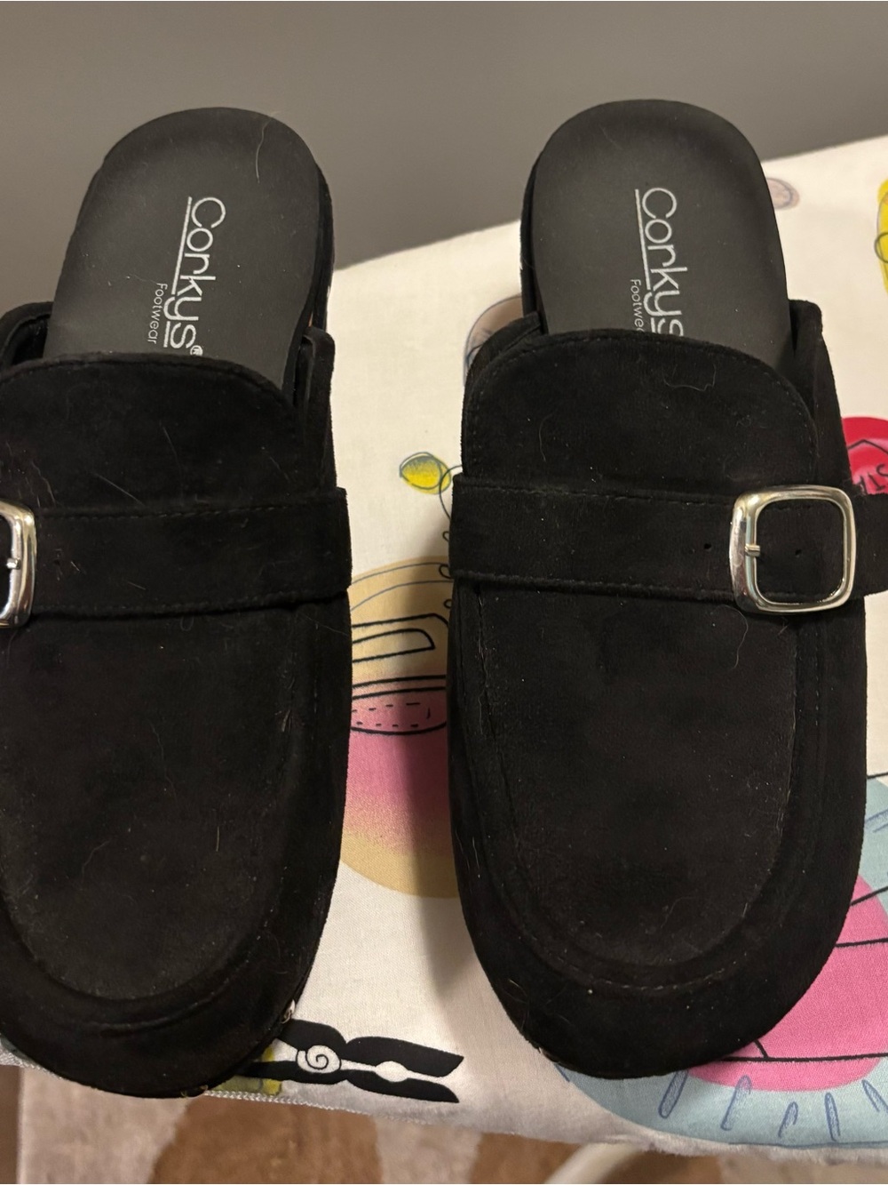 Corkys Black Suede Buckle Mule Loafers